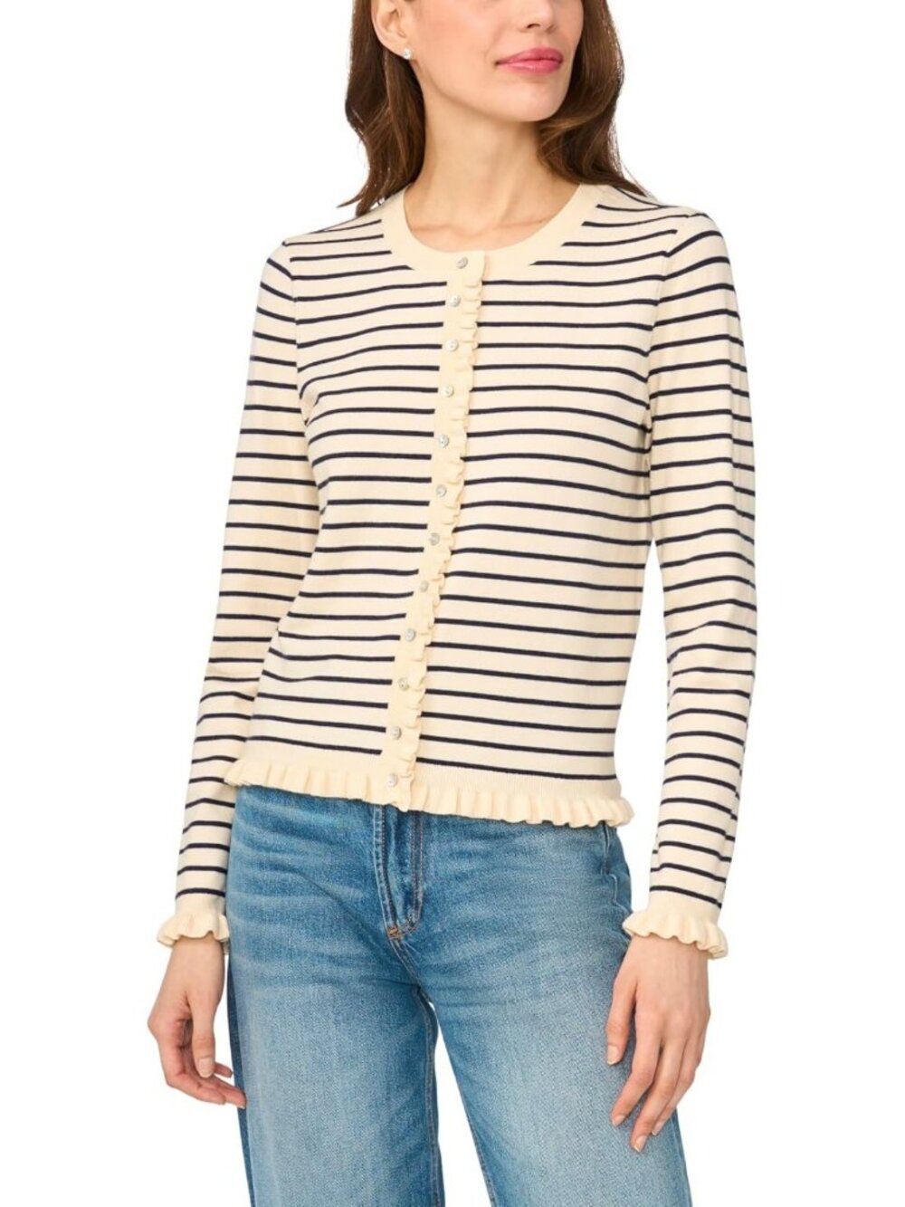 Chic Stripe Long Sleeve Cardigan with Ruffle Trim for Women - Stylish Layering
